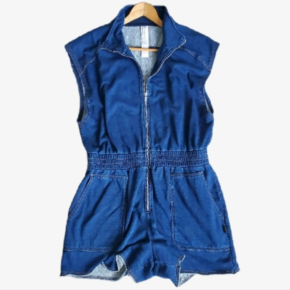 Fabletics Soft Denim Blue Indigo Zip Up High Neck Romper Terry Short Onesie - Picture 4 of 7